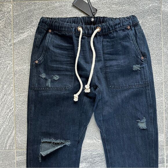 NWT Free People x One Teaspoon Navy/Fox Black Shabbies Drawstring Denim Jogger S - Picture 5 of 16